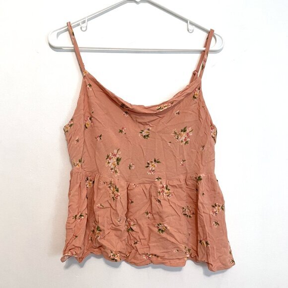 AMERICAN EAGLE Cowl Neck Babydoll Top Peach Pink / Orange Green Floral Boho Tank - Picture 2 of 16